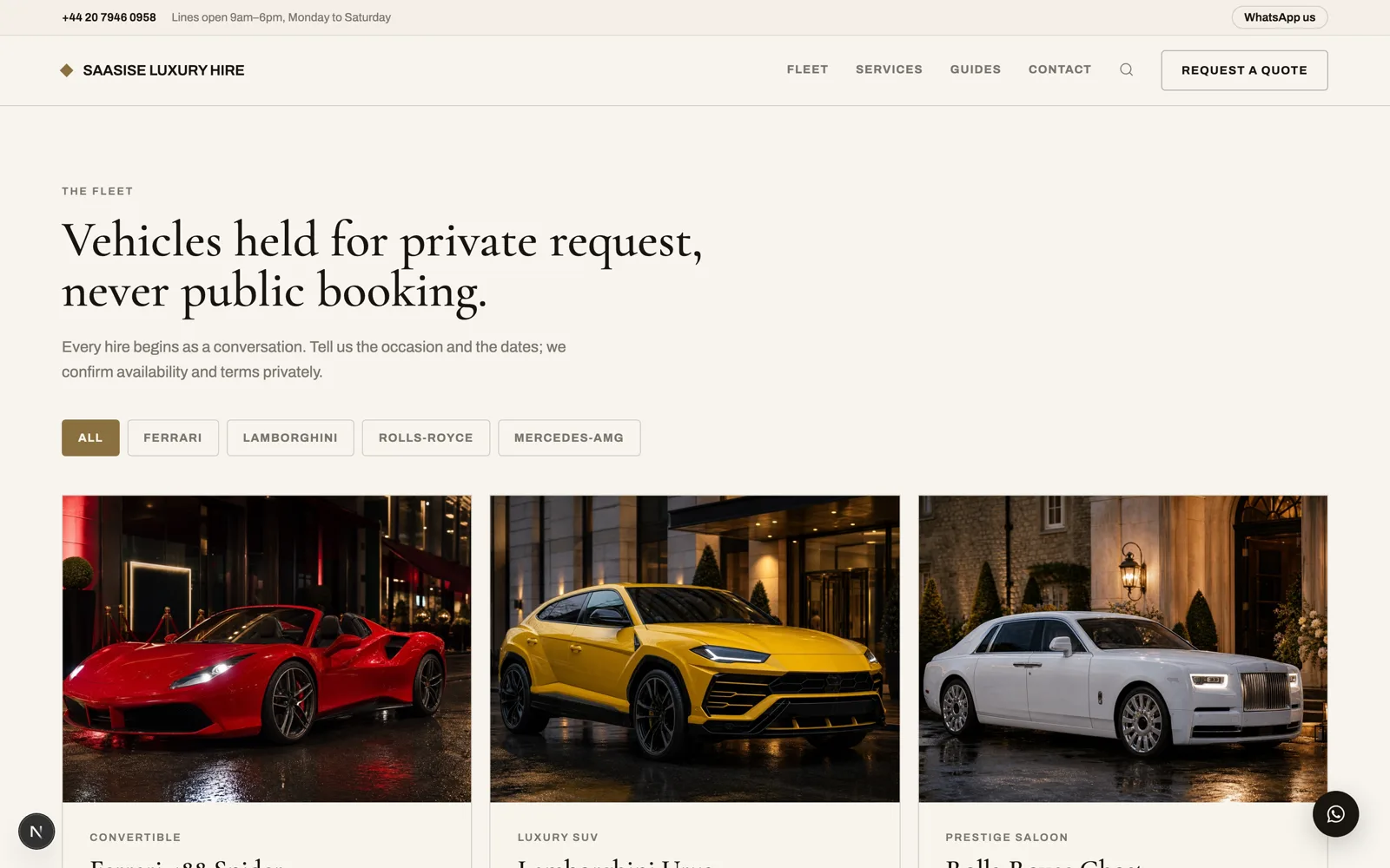 Luxury car hire demonstration fleet page with a structured vehicle collection