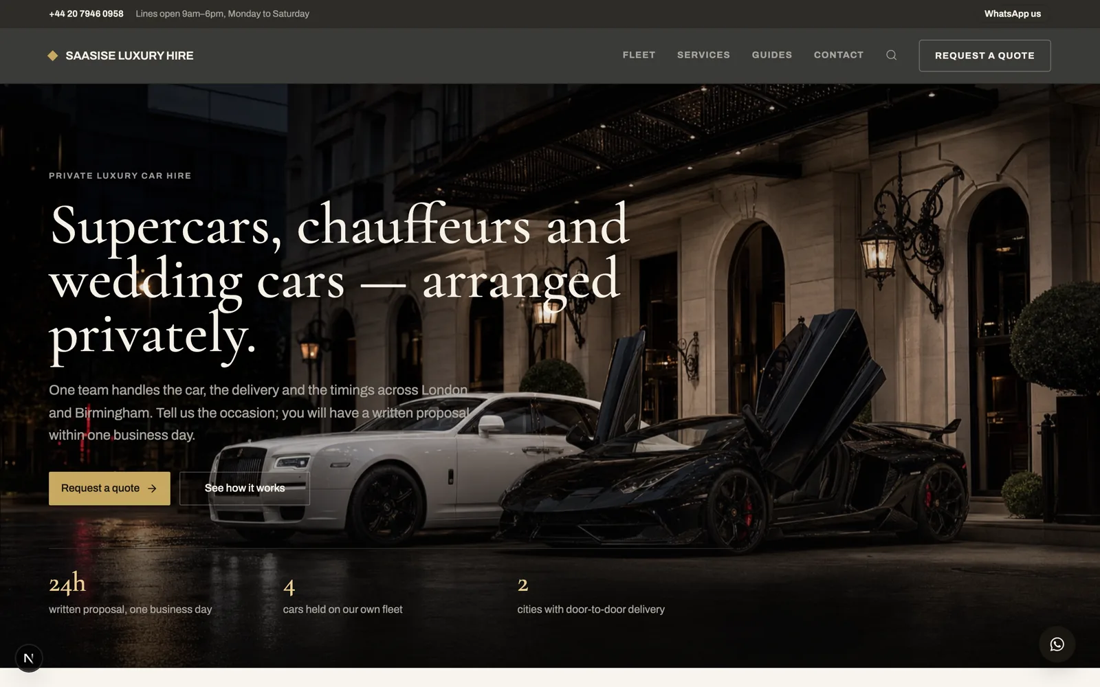 Luxury car hire working-reference homepage shown in a browser frame